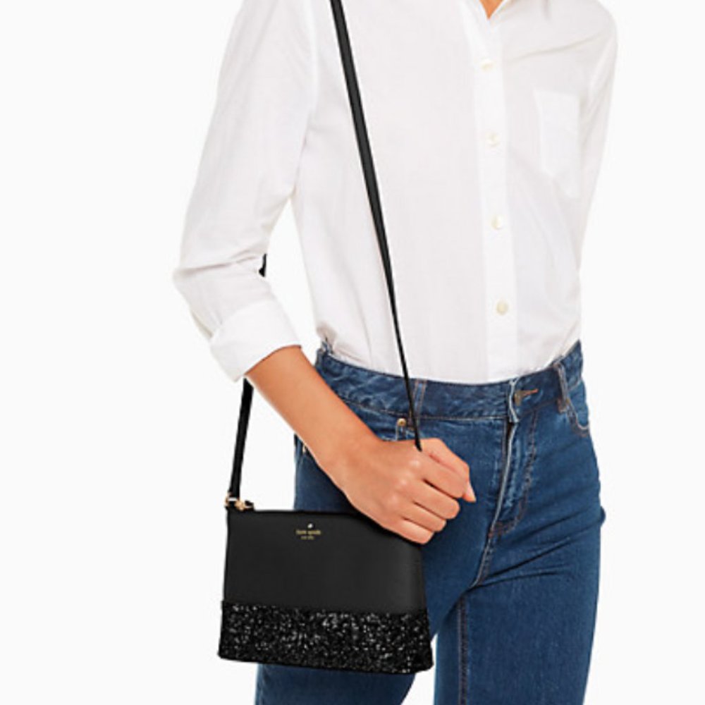NWT KATE SPADE GRETA COURT GLITTER BLACK CROSSBODY - Picture 1 of 11
